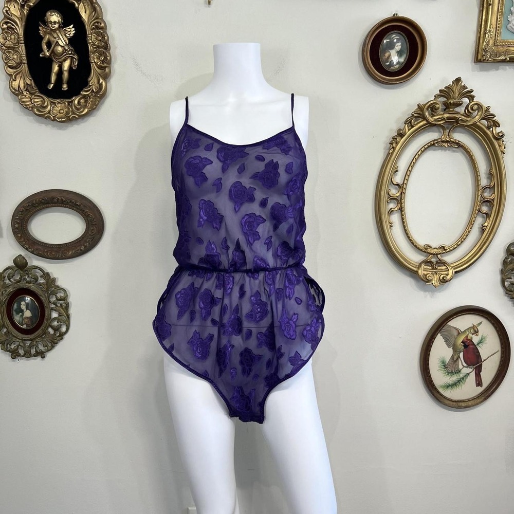 vintage lingerie Petra Fashions Women's M Purple Floral Mesh Romper Teddy